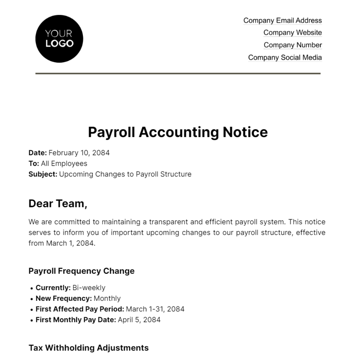 Payroll Accounting Notice Template