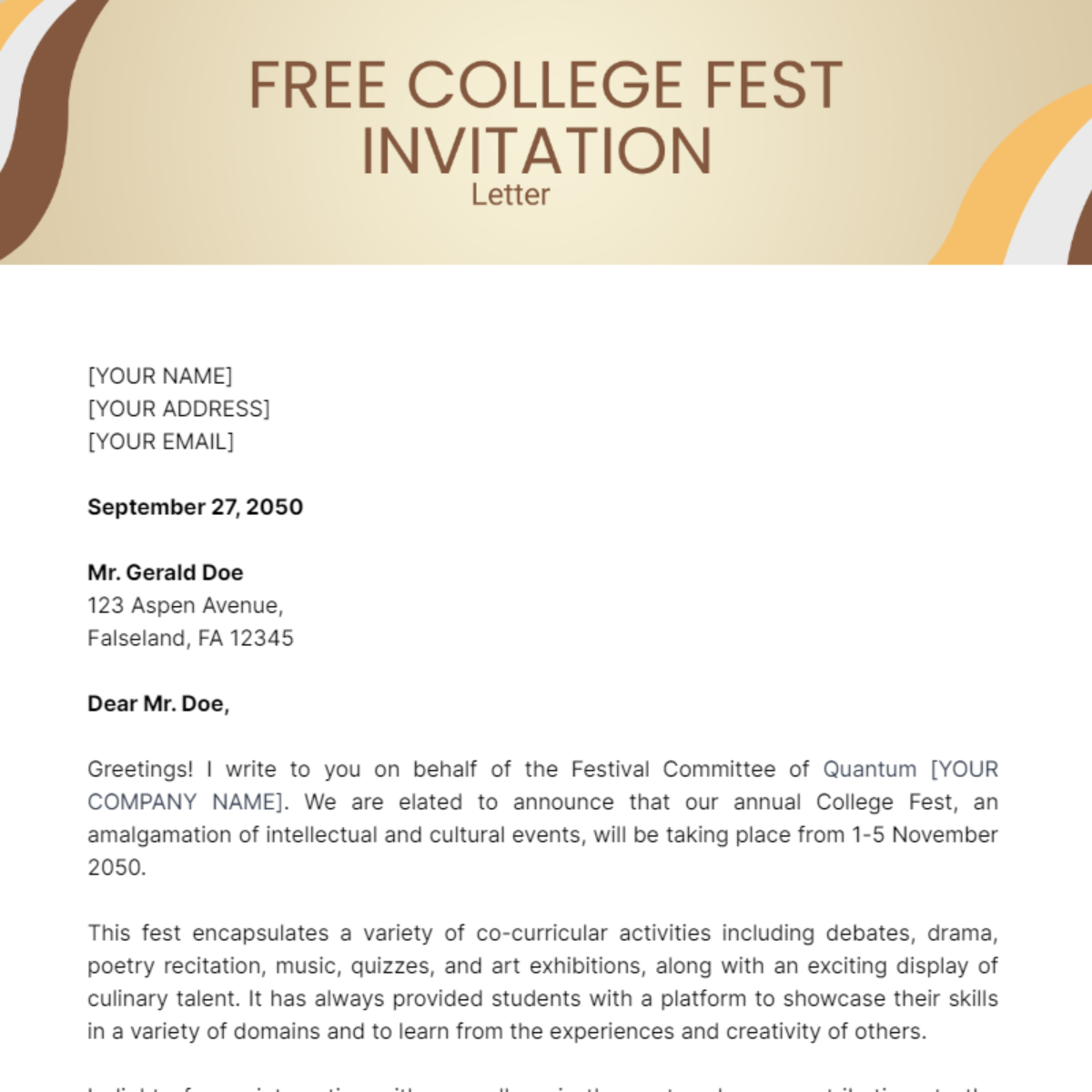 College Fest Invitation Letter Template