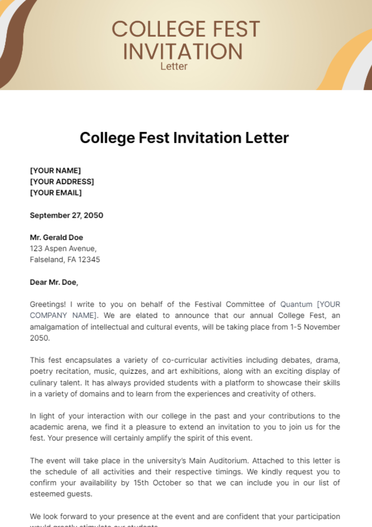 Free College Fest Invitation Letter Template