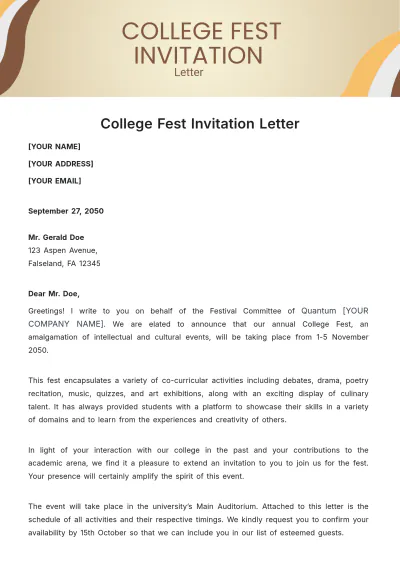 Free College Fest Invitation Letter Template to Edit Online
