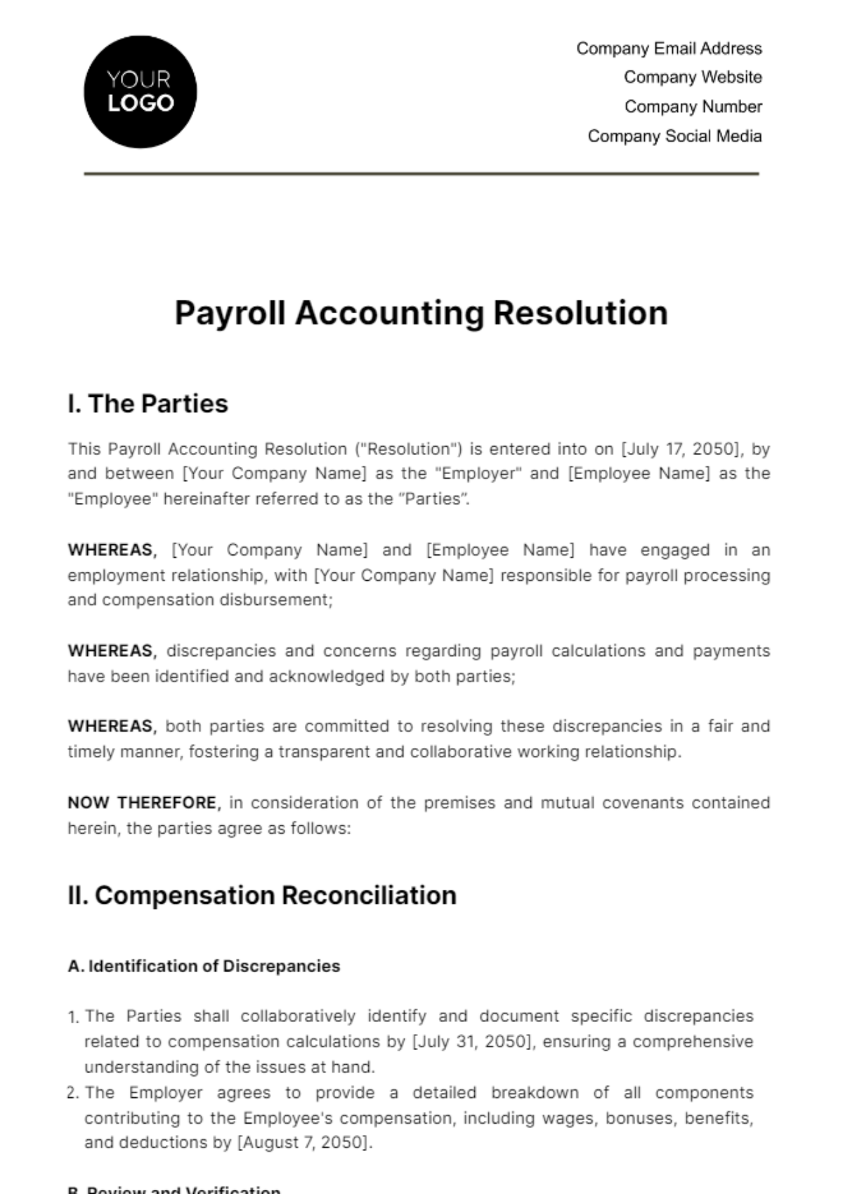 Payroll Accounting Resolution Template