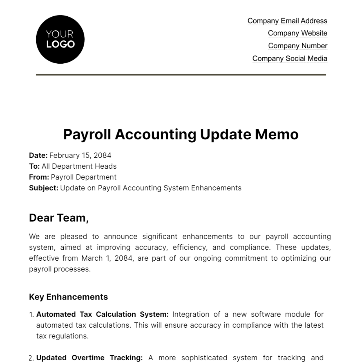 Payroll Accounting Update Memo Template