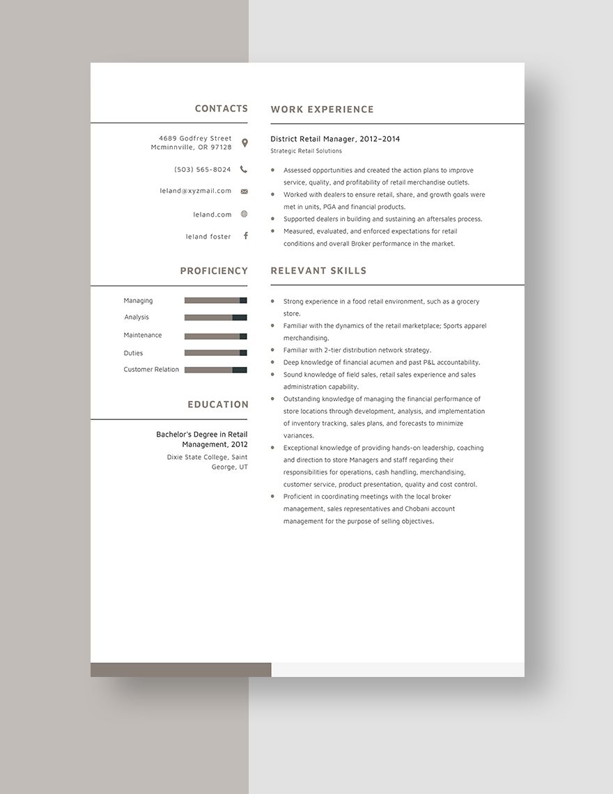 District Retail Manager Resume