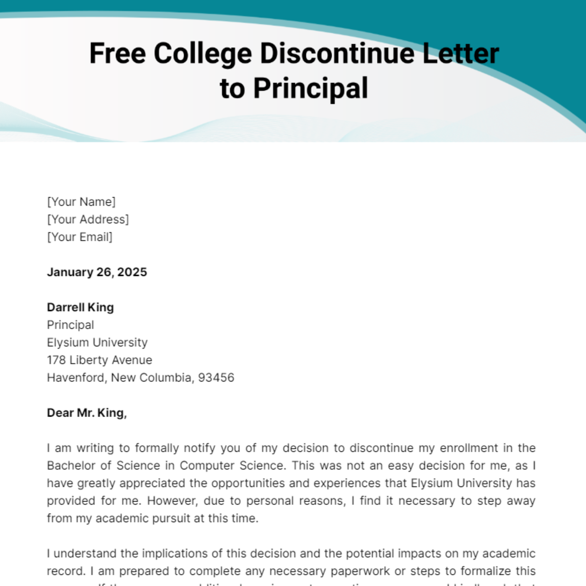 College Discontinue Letter to Principal Template