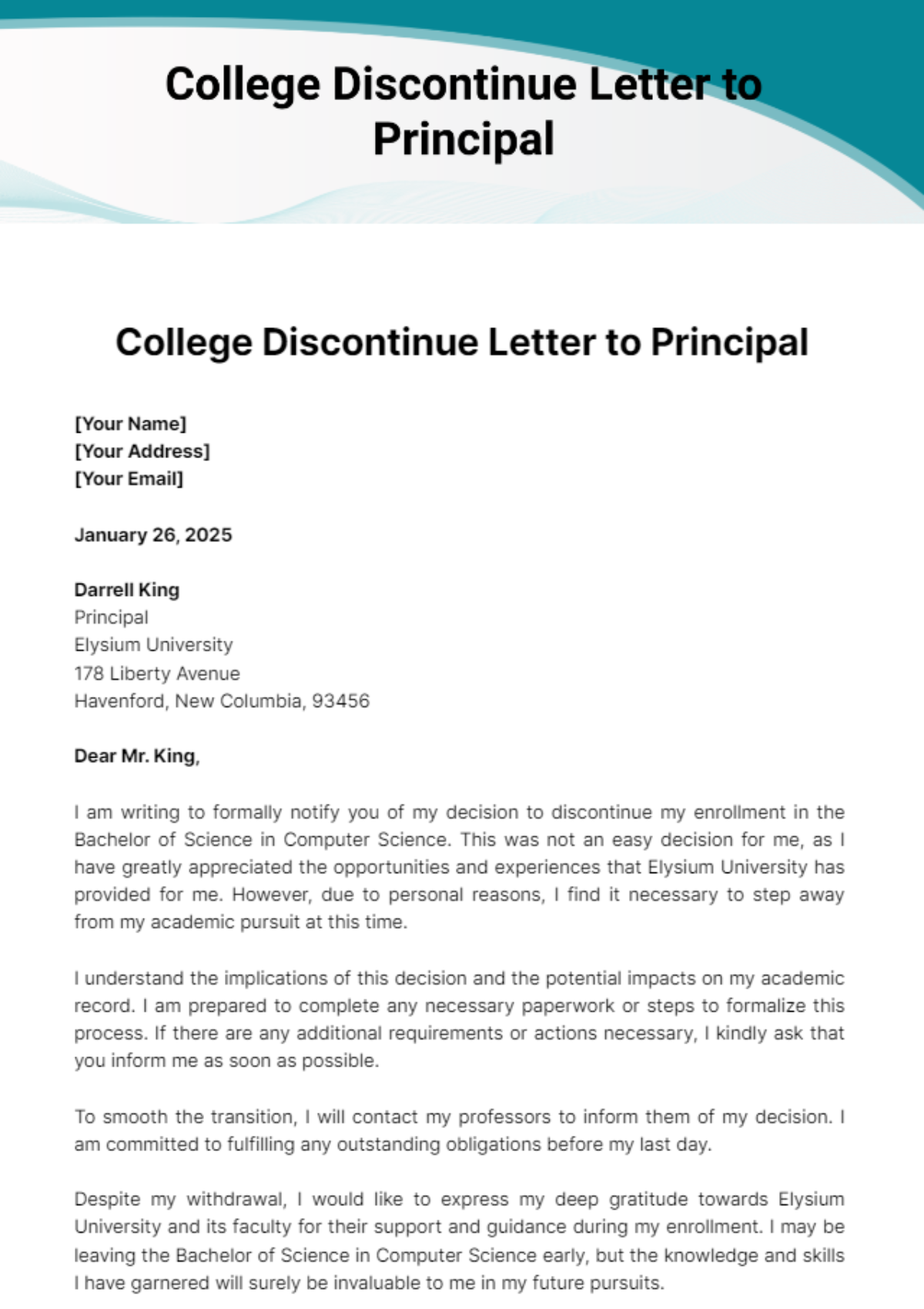 Free College Discontinue Letter to Principal Template