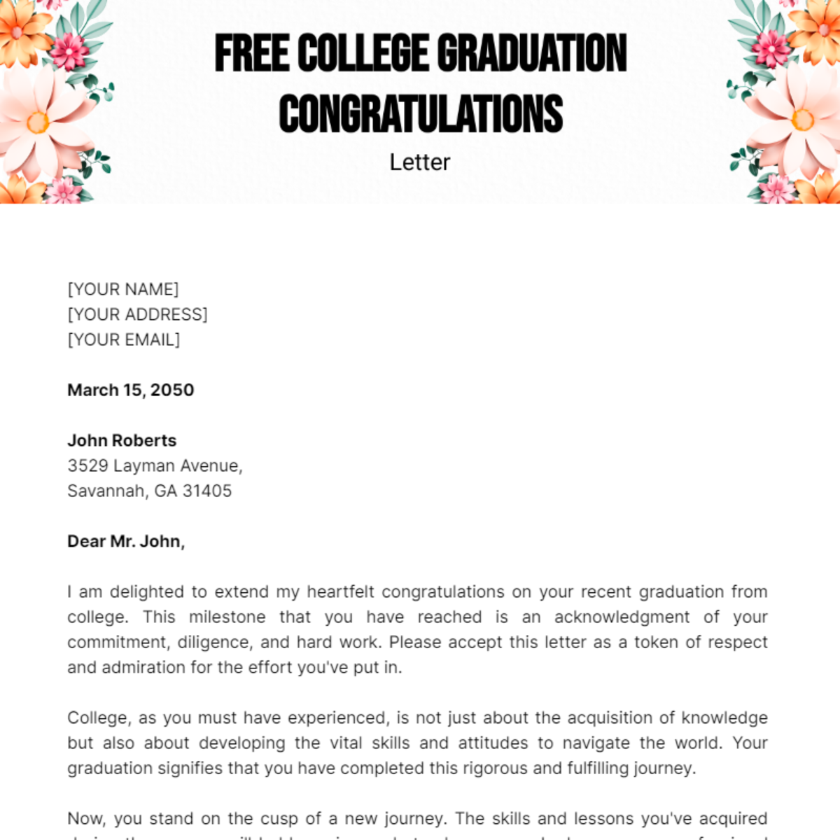 College Graduation Congratulations Letter Template