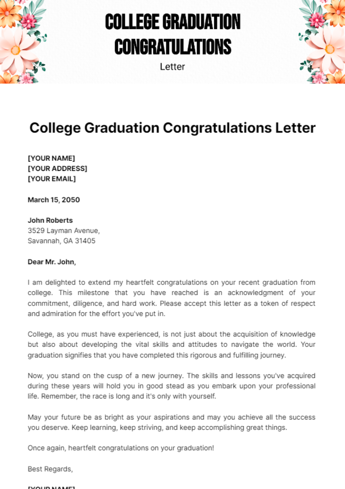 Free College Graduation Congratulations Letter Template