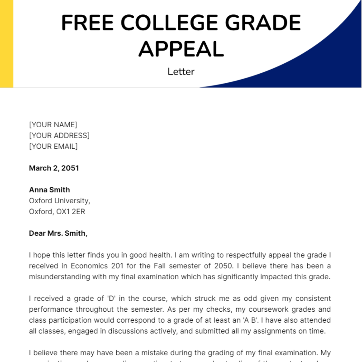 College Grade Appeal Letter Template