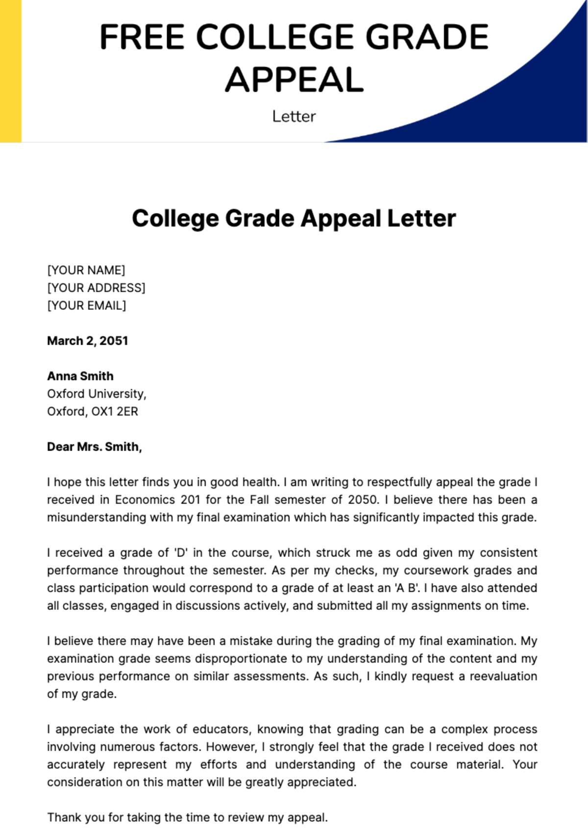 Free College Grade Appeal Letter Template