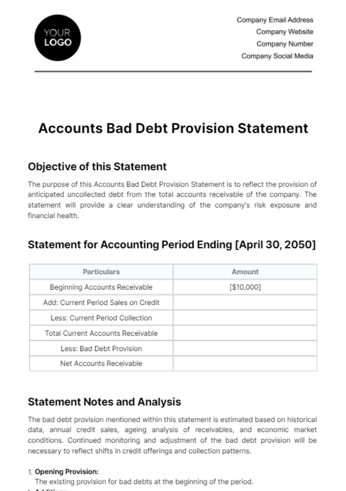 Accounts Bad Debt Provision Statement Template