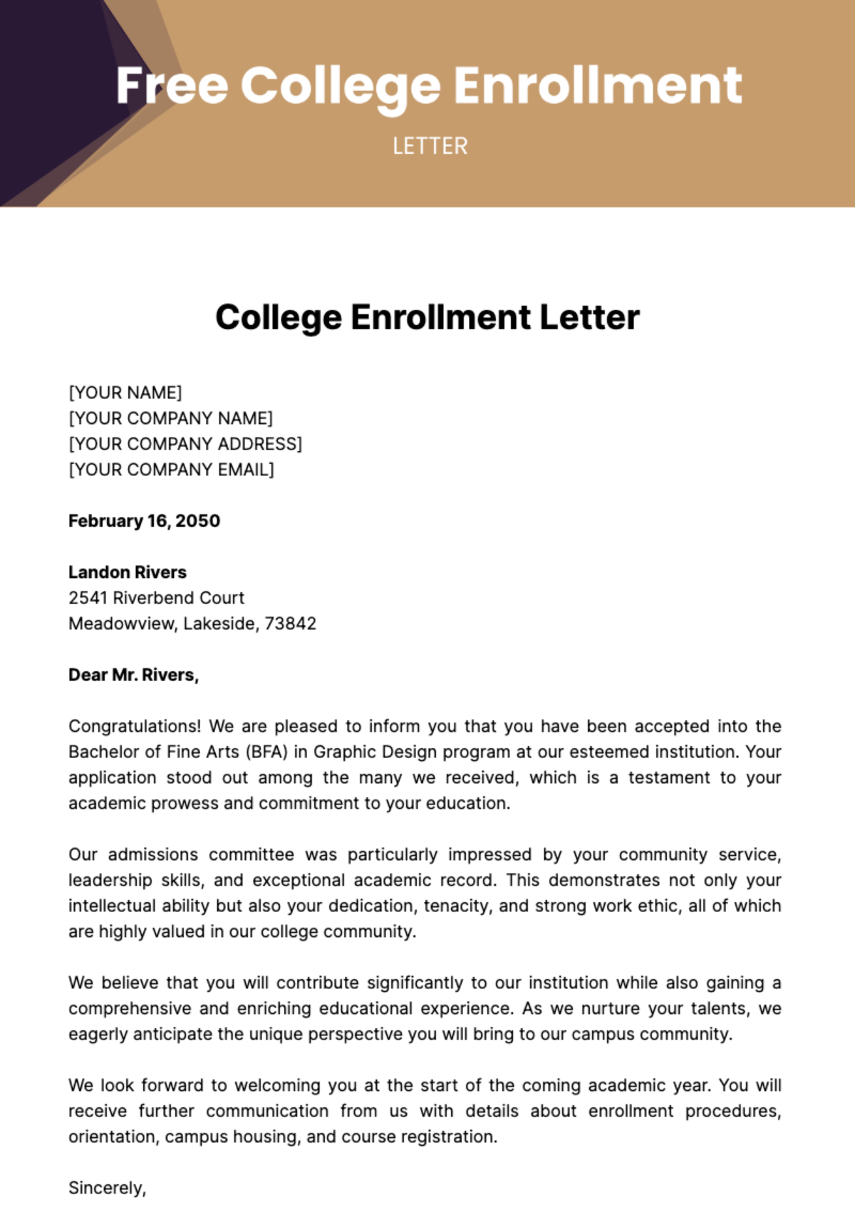 Free College Enrollment Letter Template