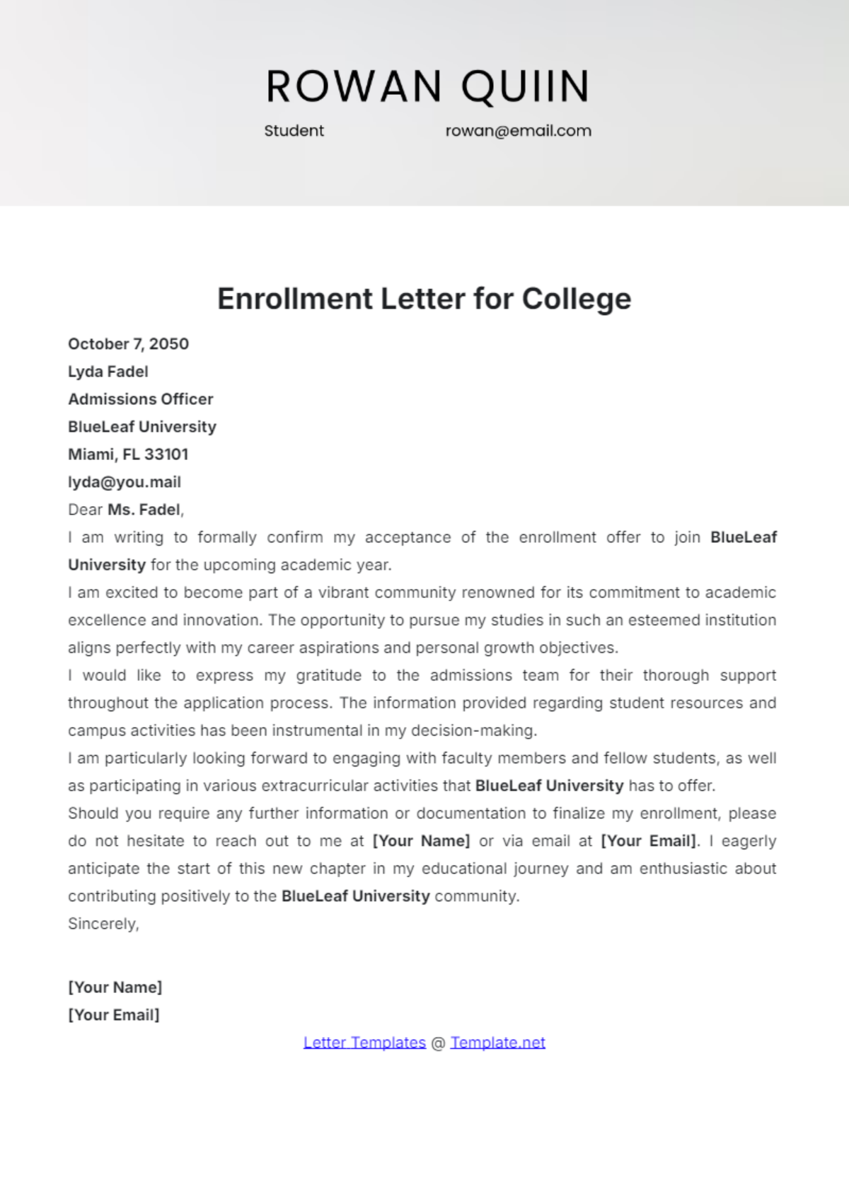 Enrollment Letter for College Template - Edit Online & Download