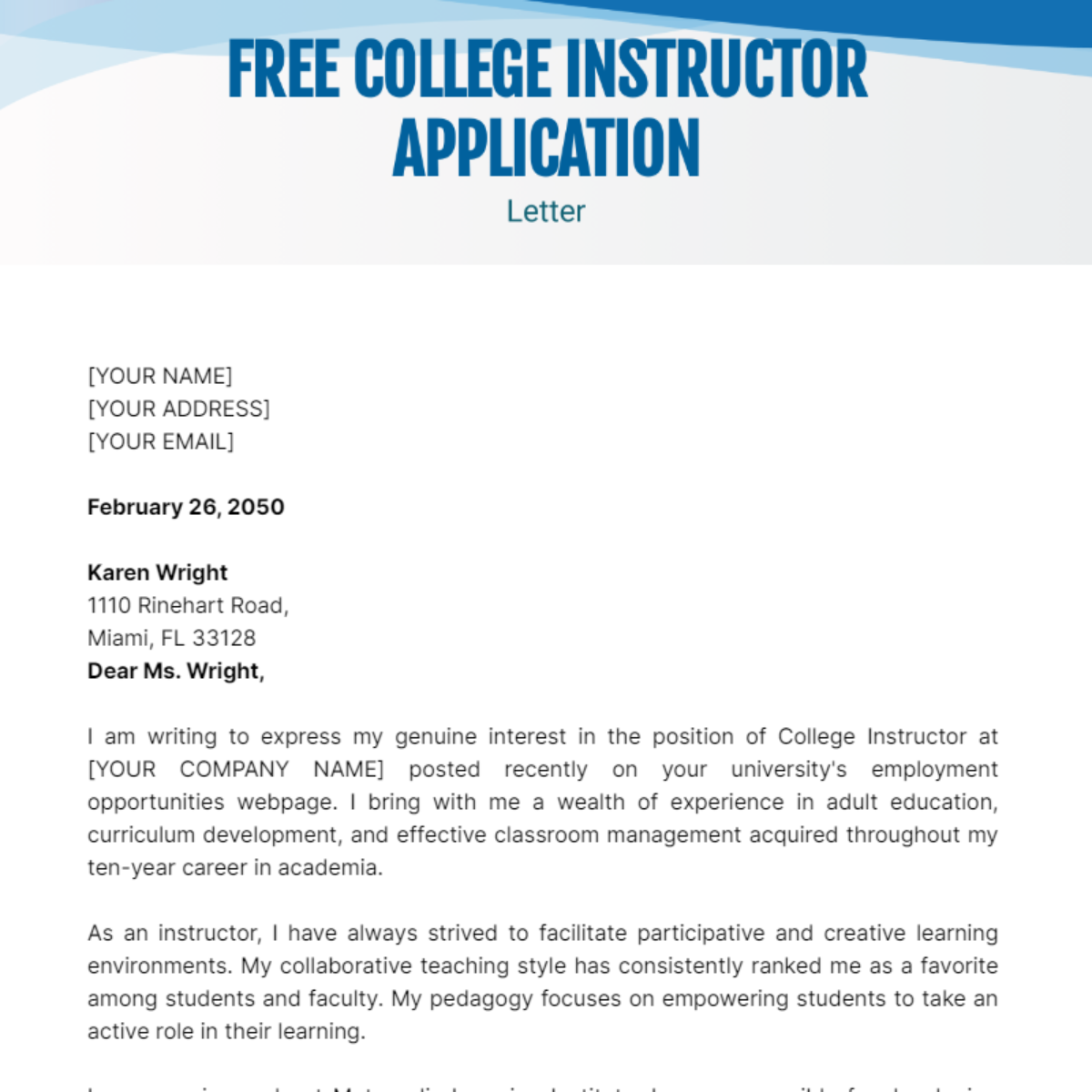 College Instructor Application Letter Template