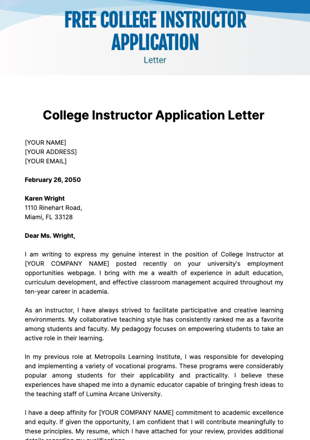 Free College Instructor Application Letter Template