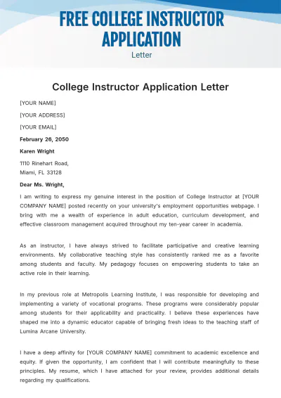 Free College Instructor Application Letter Template to Edit Online