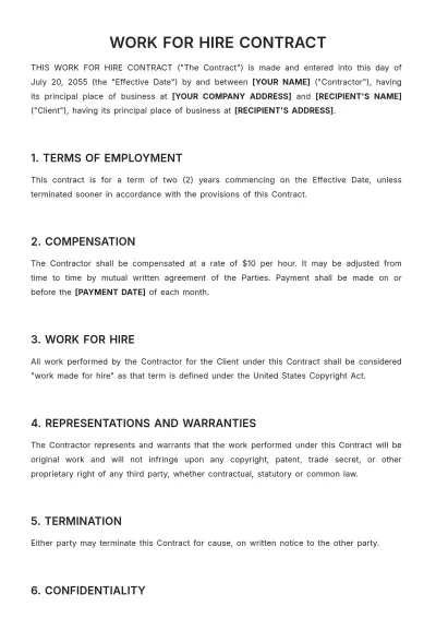 Free Work for Hire Contract Template to Edit Online