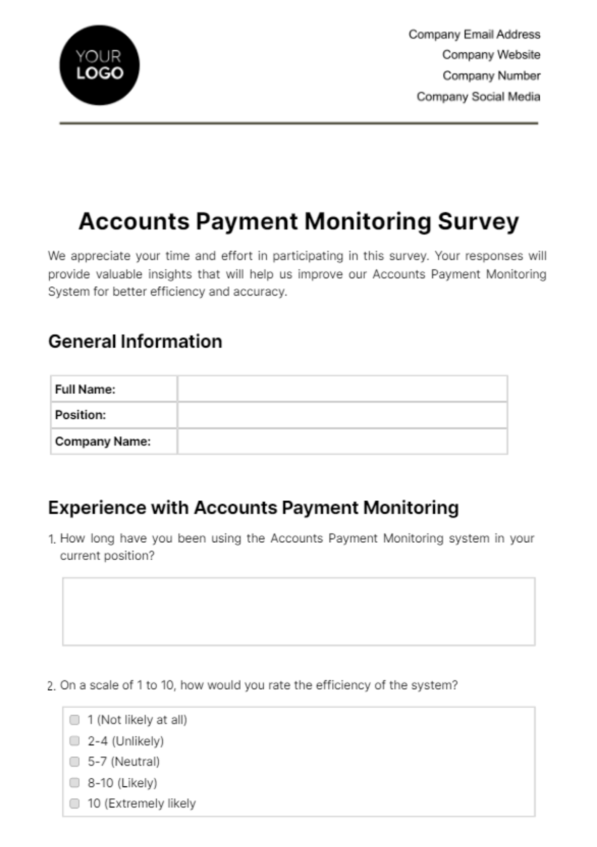 Free Accounts Payment Monitoring Survey Template