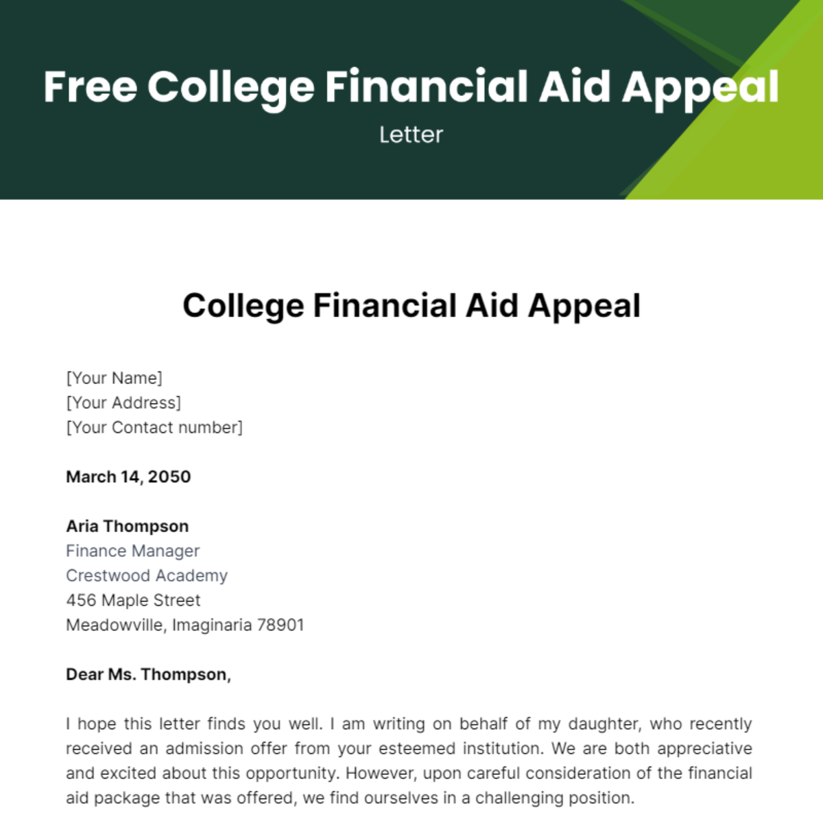 College Financial Aid Appeal Letter Template