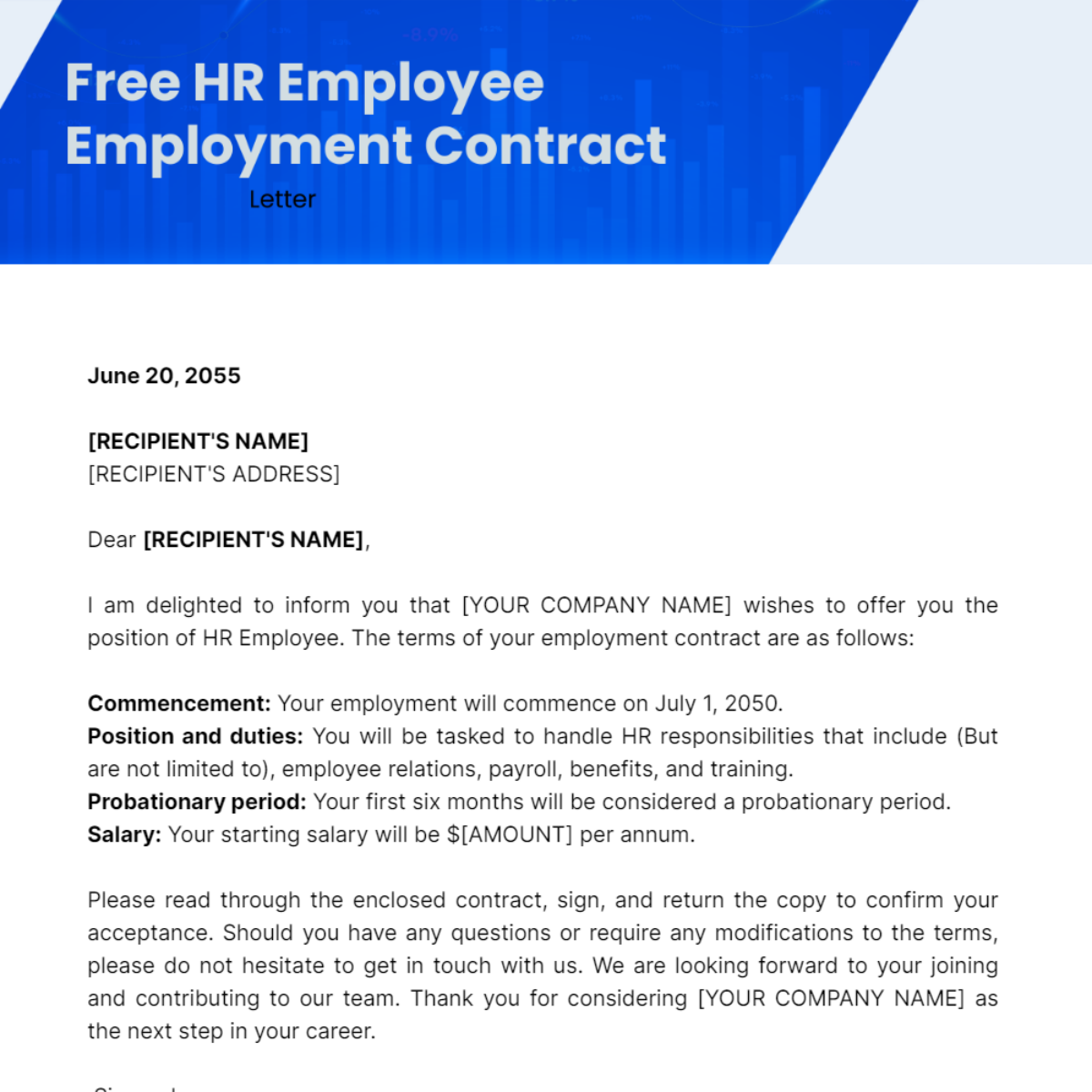 HR Employee Employment Contract Letter Template
