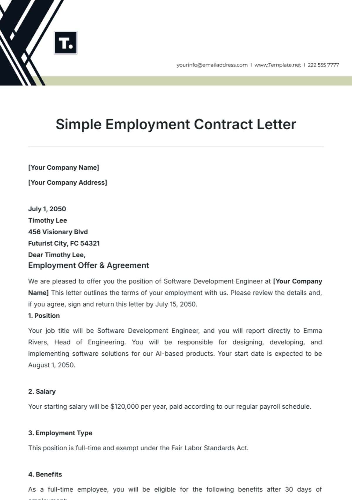 Simple Employment Contract Letter Template - Edit Online & Download