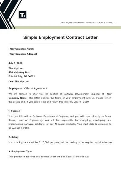 Free Simple Employment Contract Letter Template to Edit Online