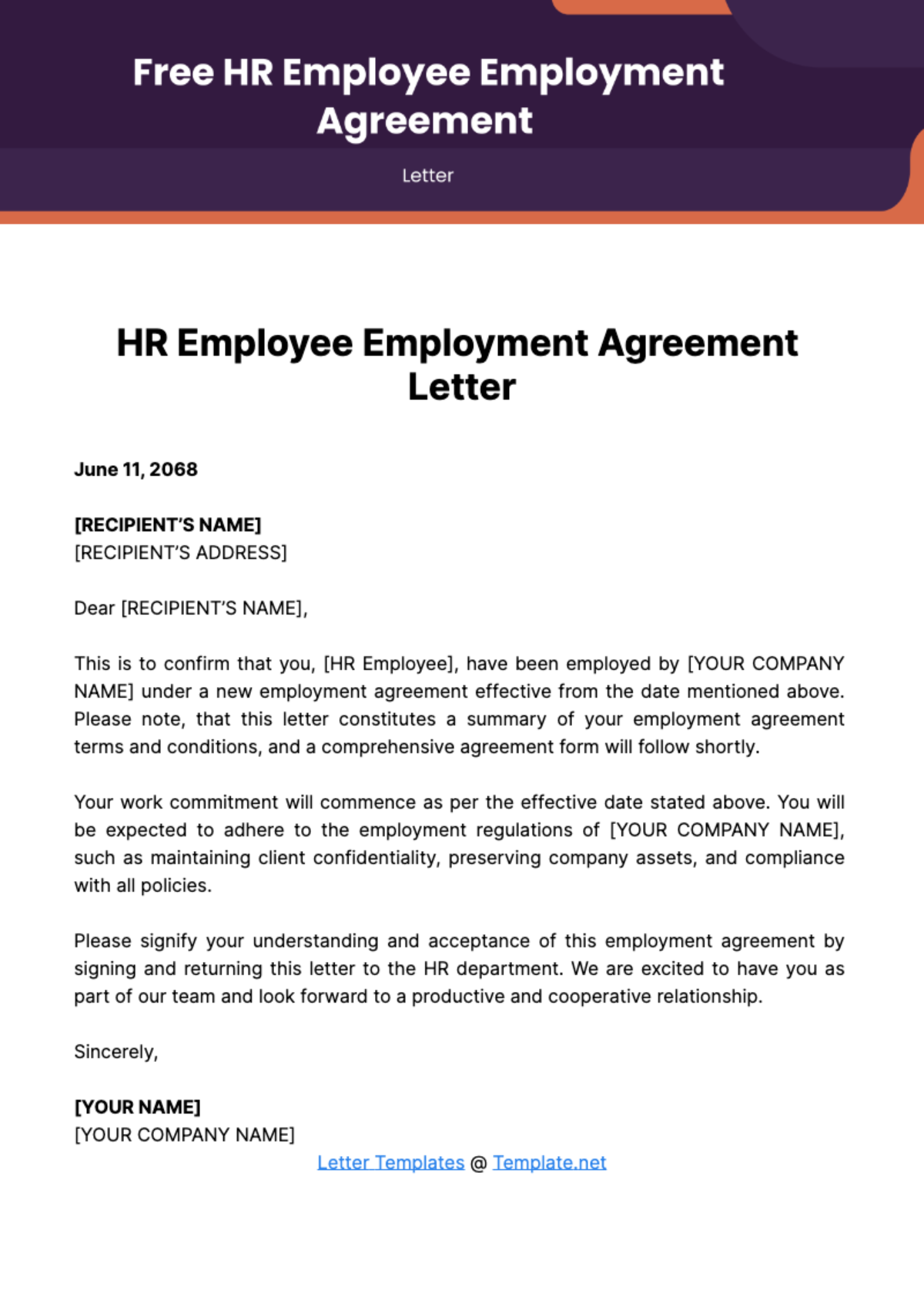 Free HR Employee Employment Agreement Letter Template