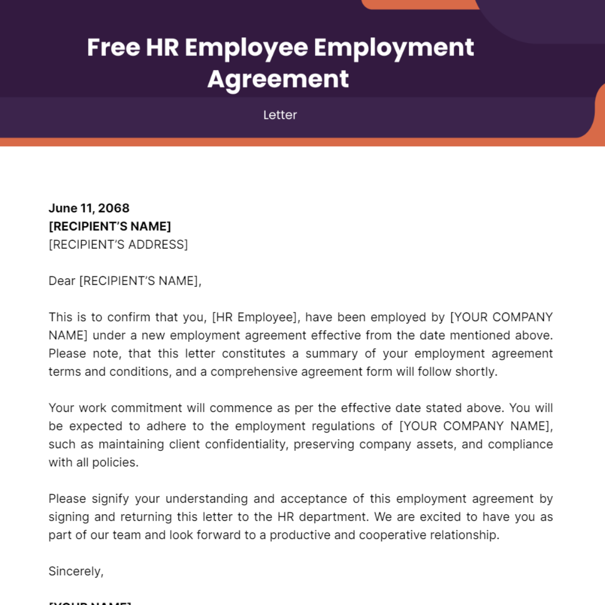 HR Employee Employment Agreement Letter Template