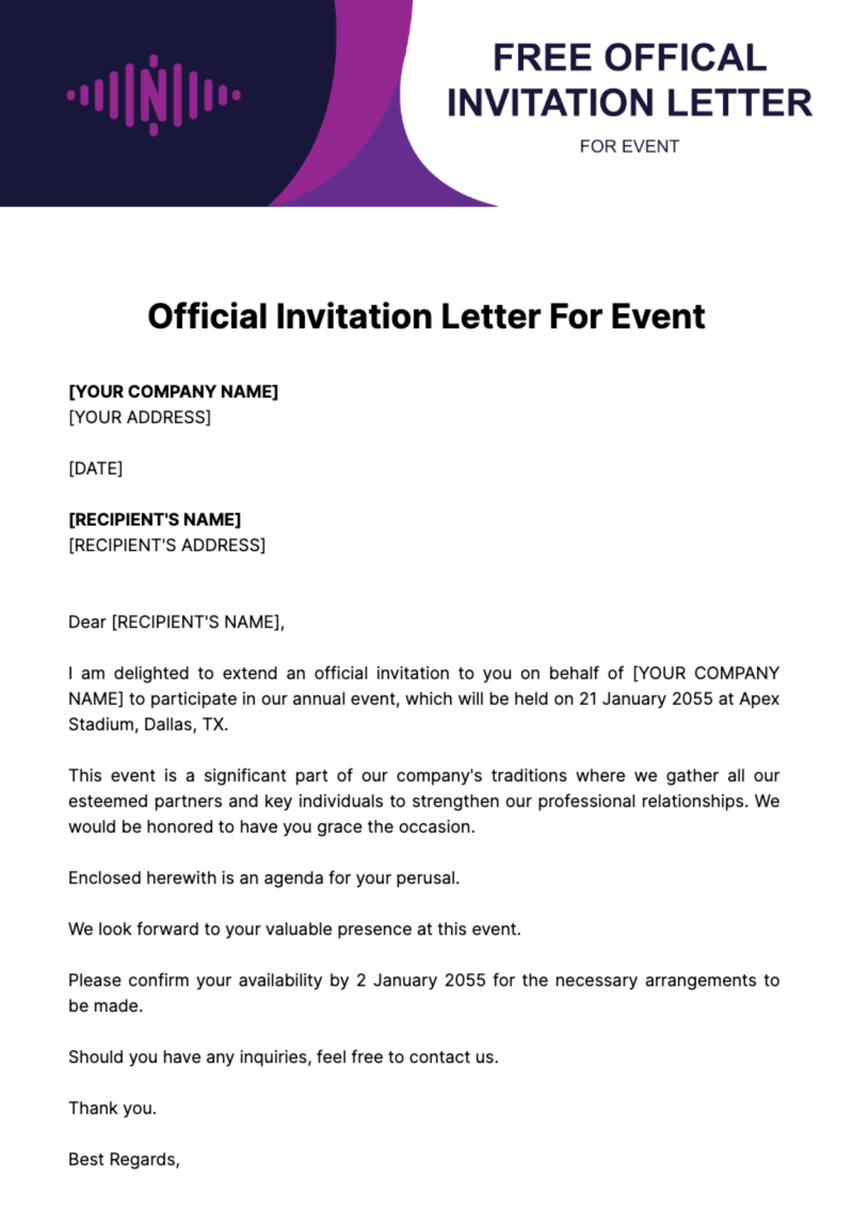 Free Official Invitation Letter for Event Template