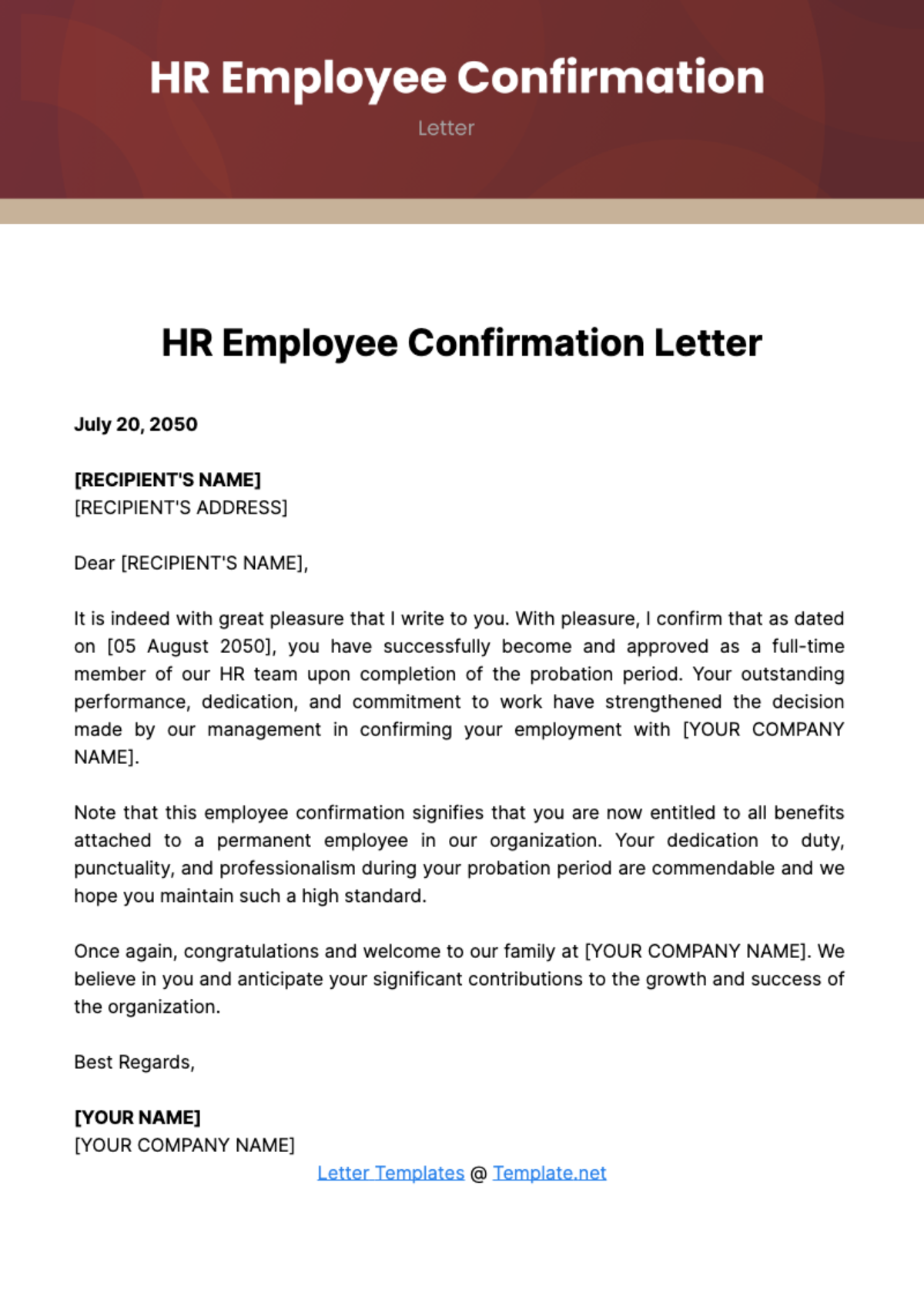 Free HR Employee Confirmation Letter Template