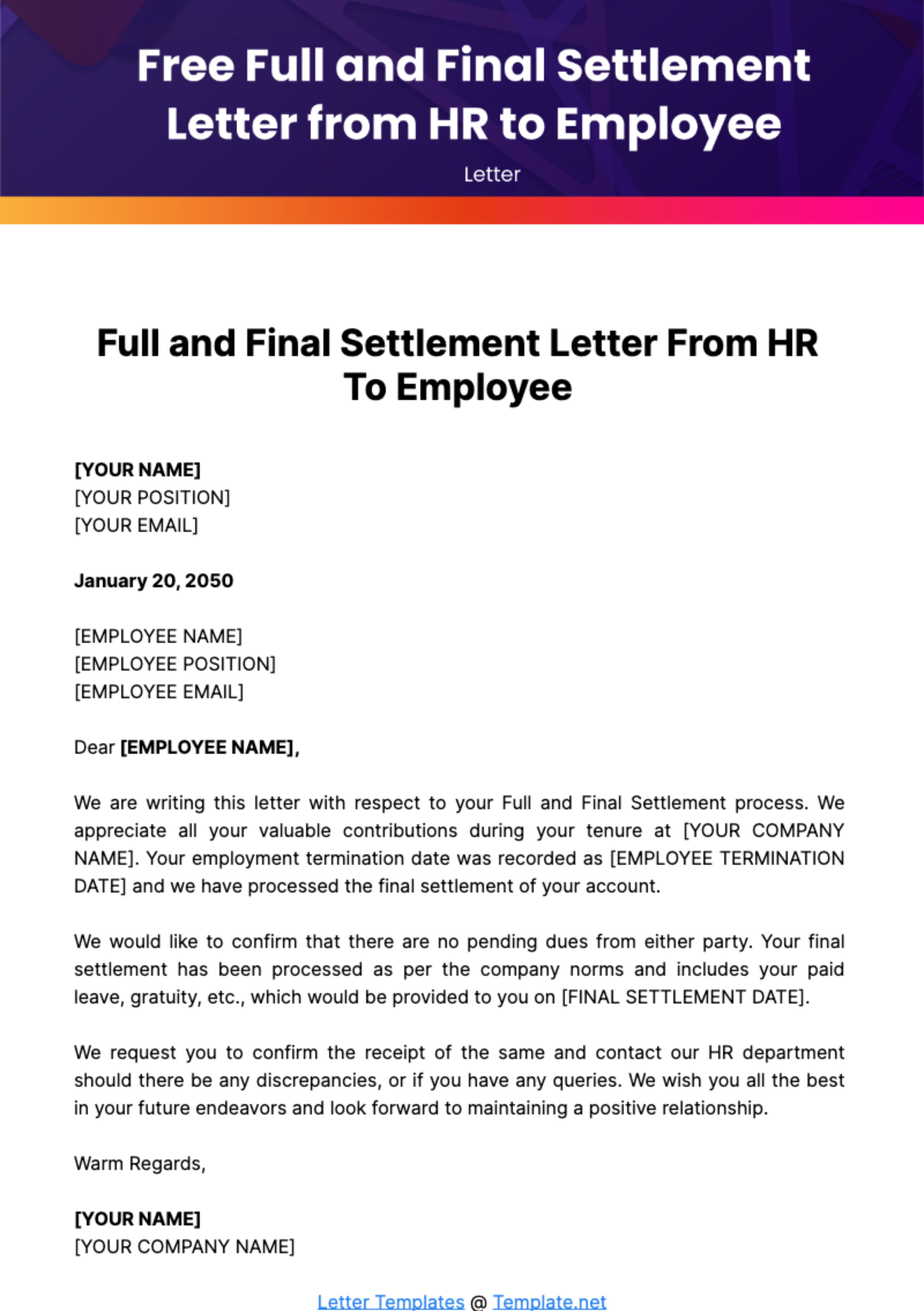 Free Full and Final Settlement Letter from HR to Employee Template