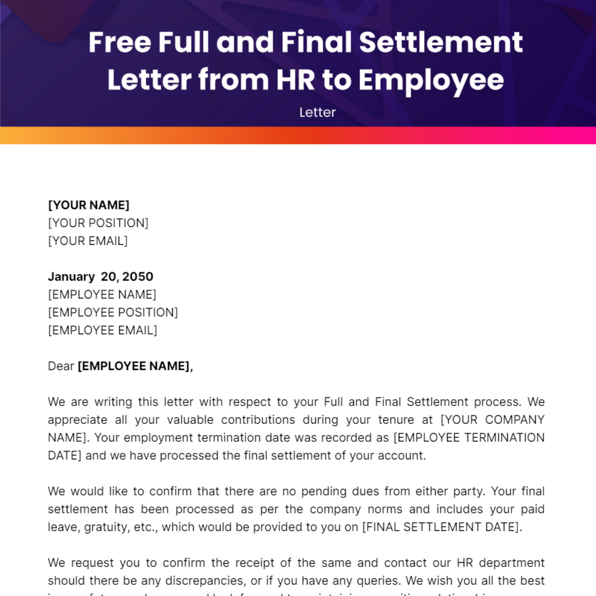 Full and Final Settlement Letter from HR to Employee Template