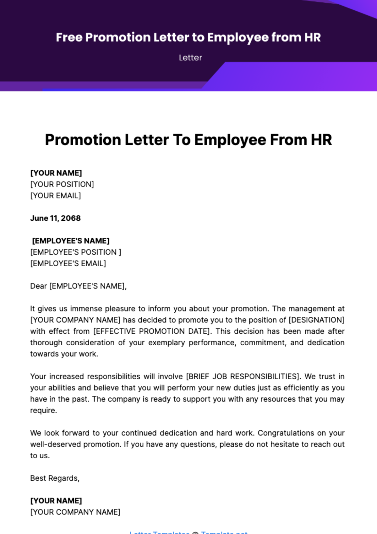Free Promotion Letter to Employee from HR Template