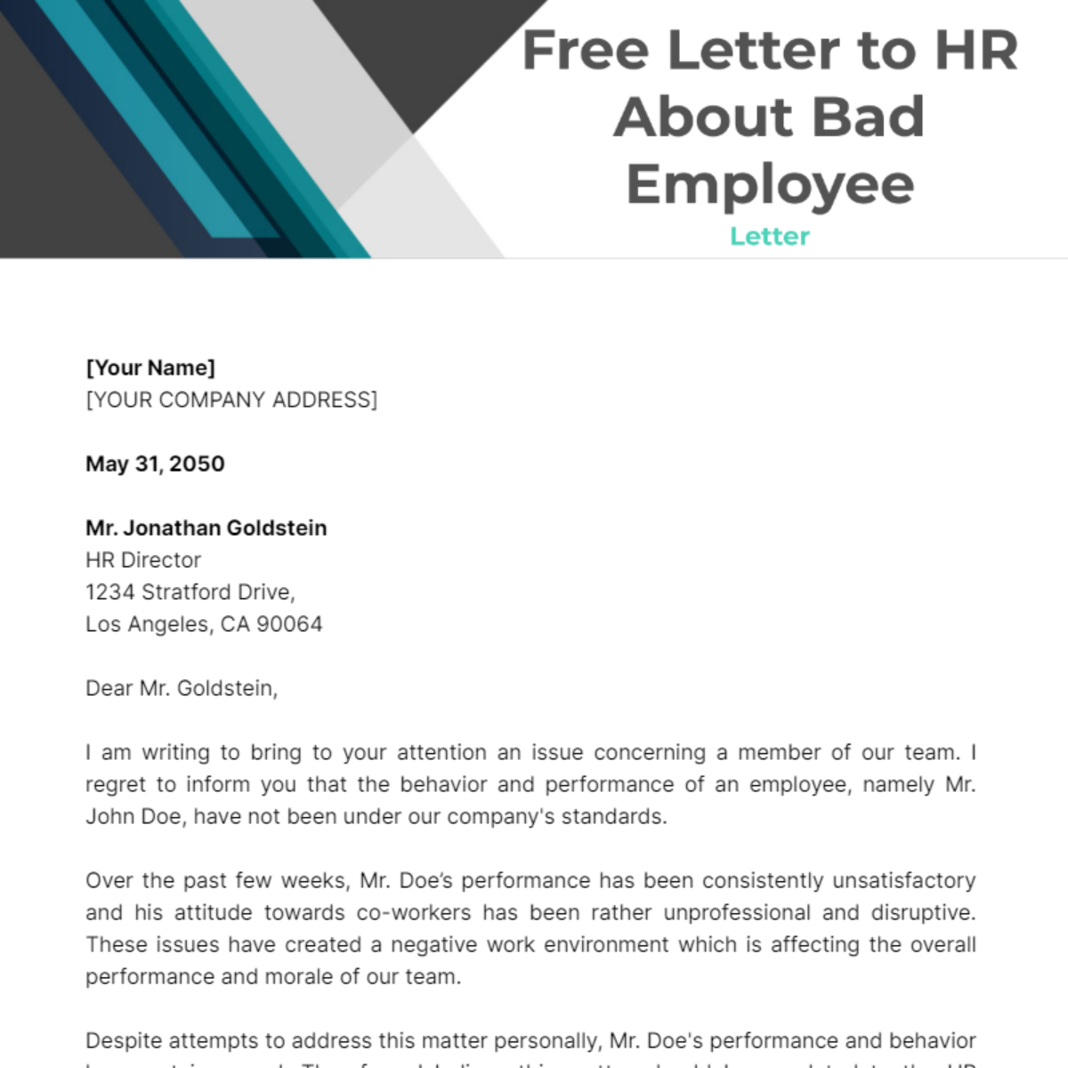 Letter to HR About Bad Employee Template