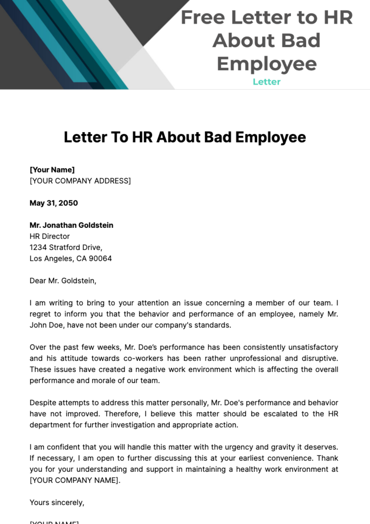 Free Letter to HR About Bad Employee Template