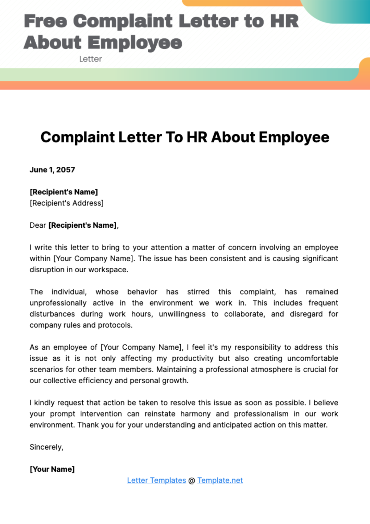 Free Complaint Letter to HR About Employee Template