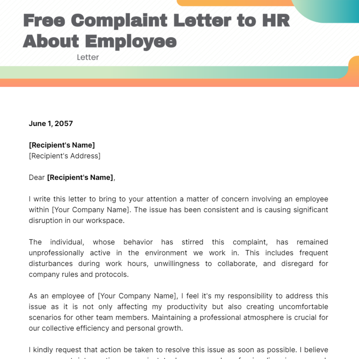 Complaint Letter to HR About Employee Template