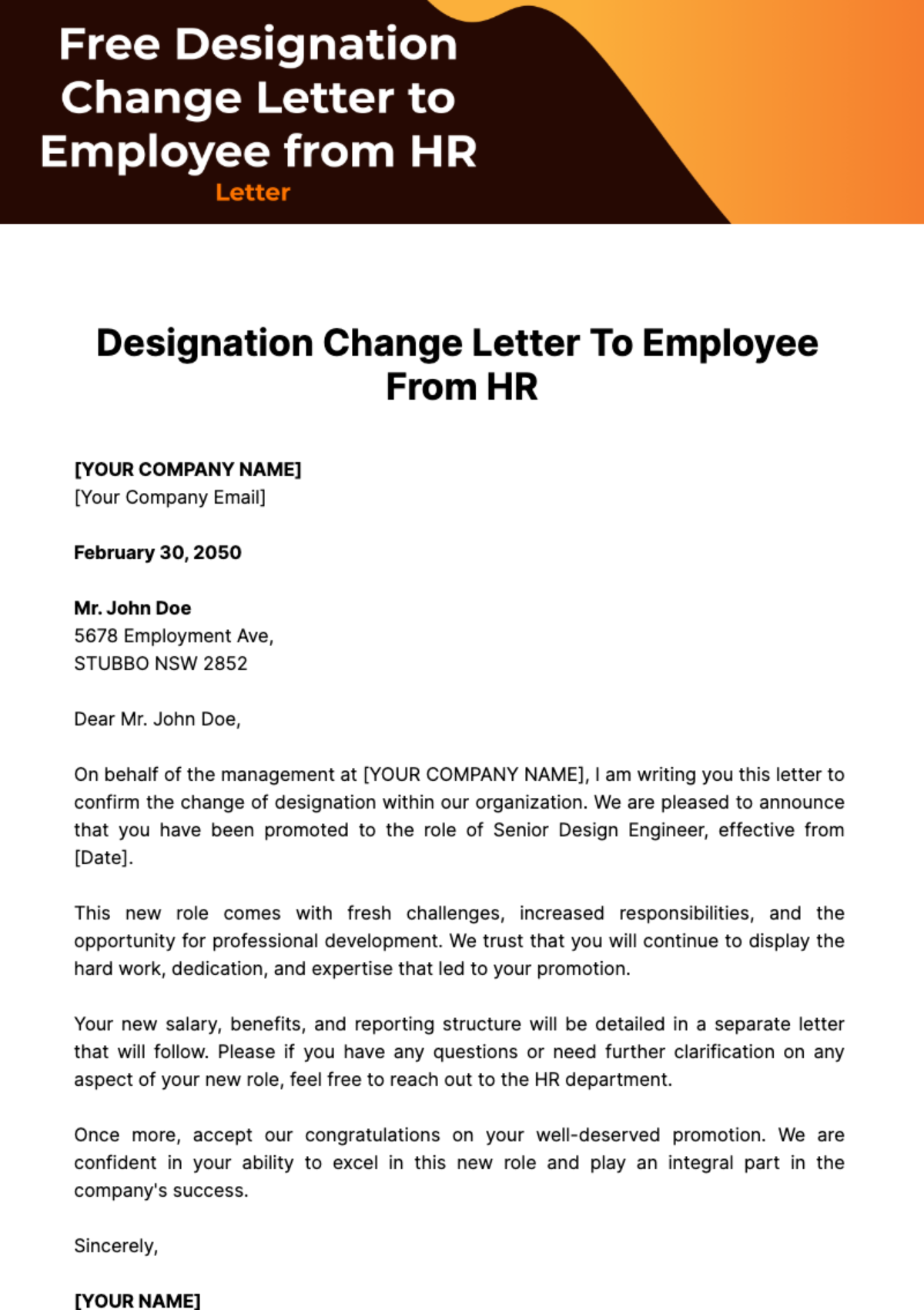 Free Designation Change Letter to Employee from HR Template