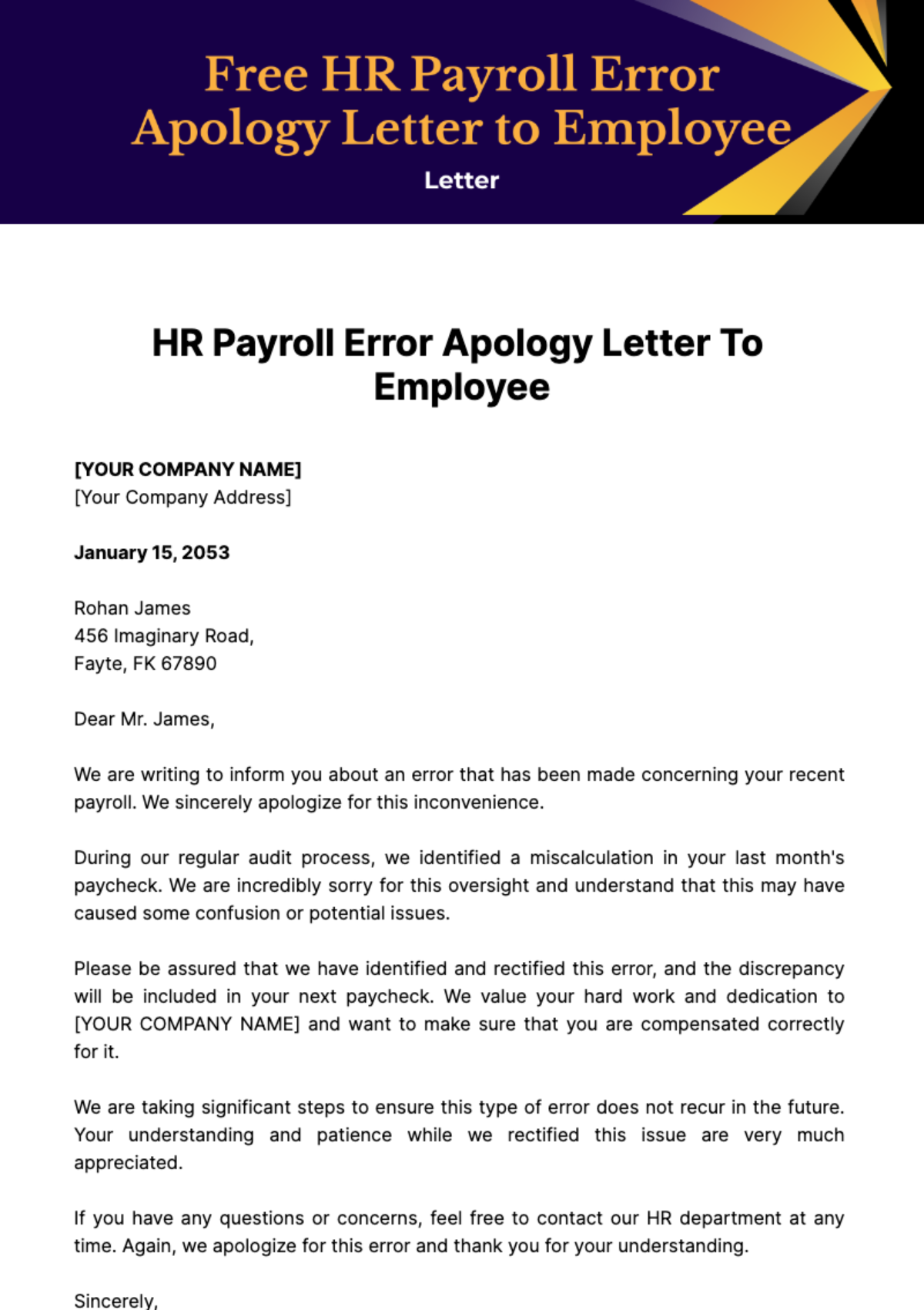 Free HR Payroll Error Apology Letter to Employee Template