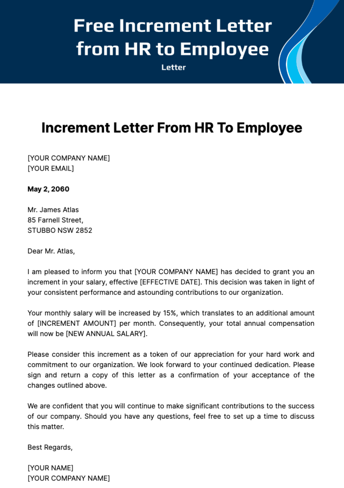 Free Increment Letter from HR to Employee Template
