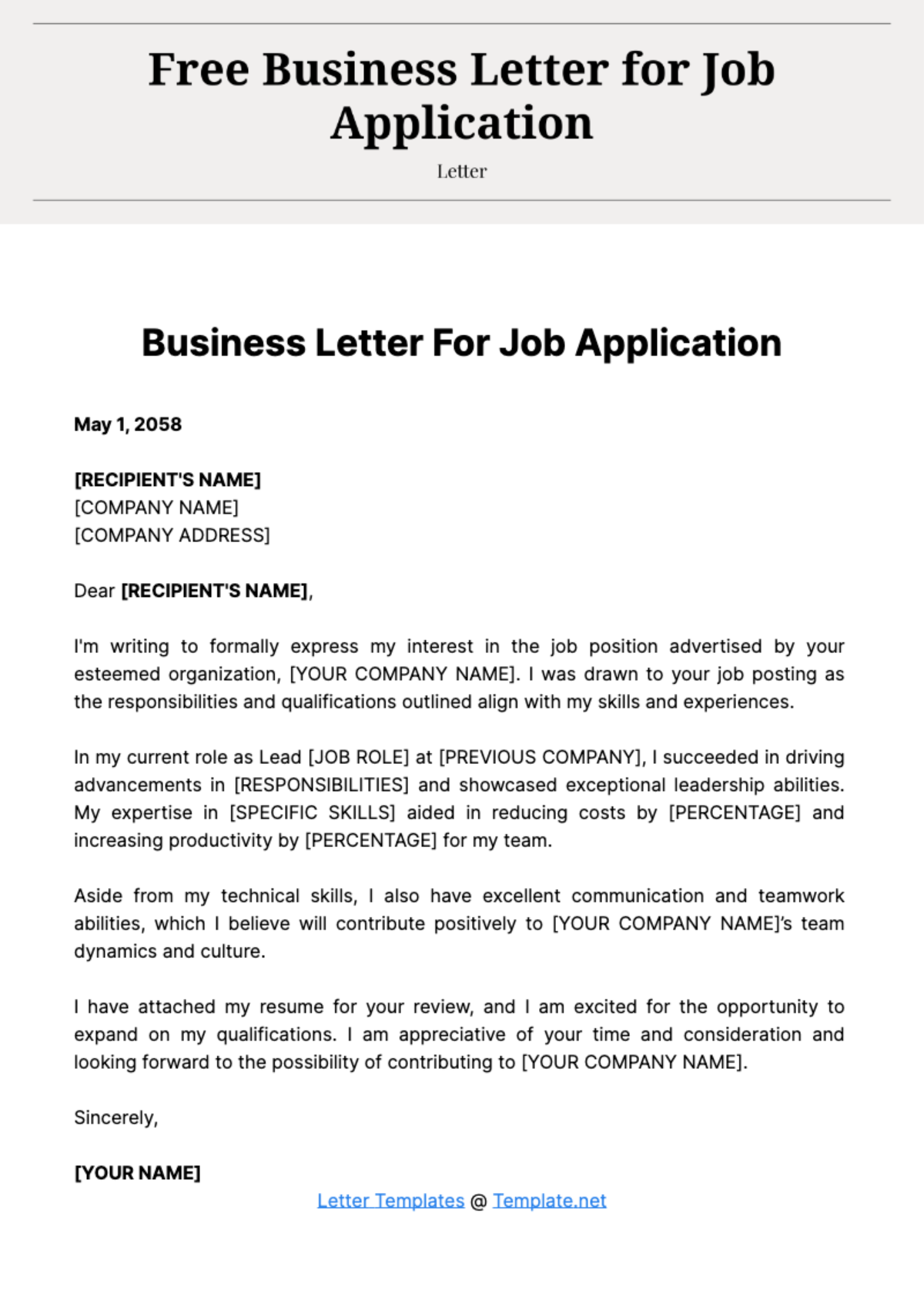 Free Business Letter for Job Application Template