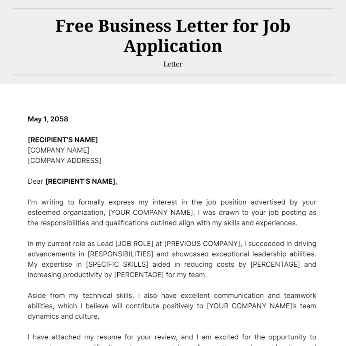 Business Letter for Job Application Template