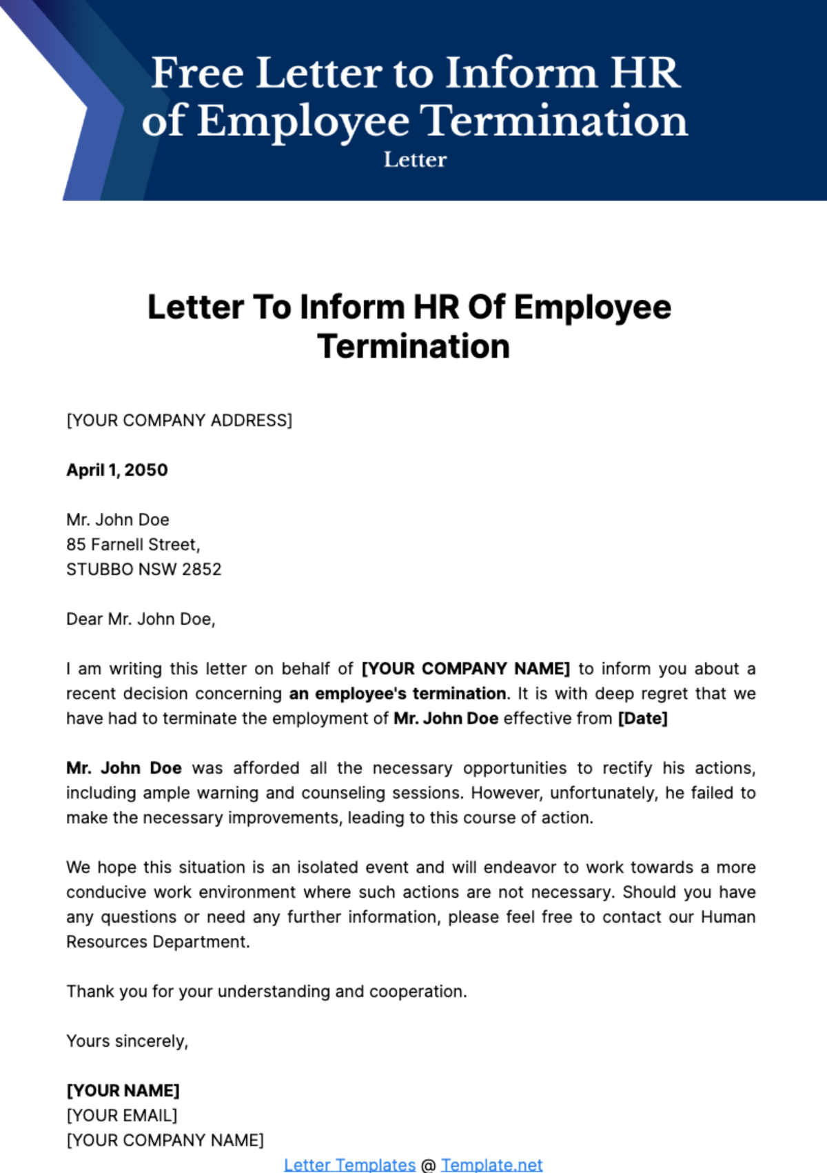Free Letter to Inform HR of Employee Termination Template
