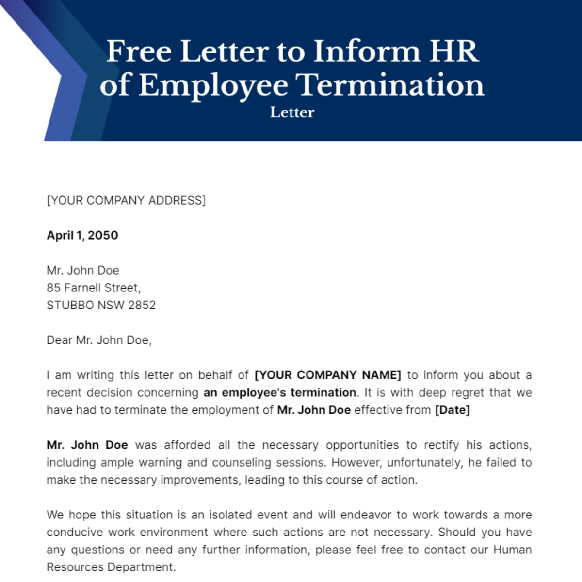 Letter to Inform HR of Employee Termination Template