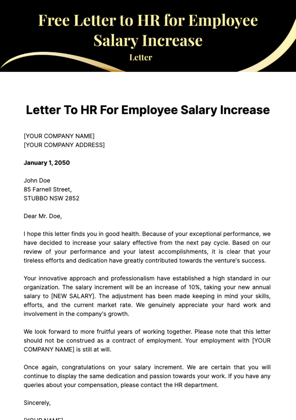 Free Letter to HR for Employee Salary Increase Template