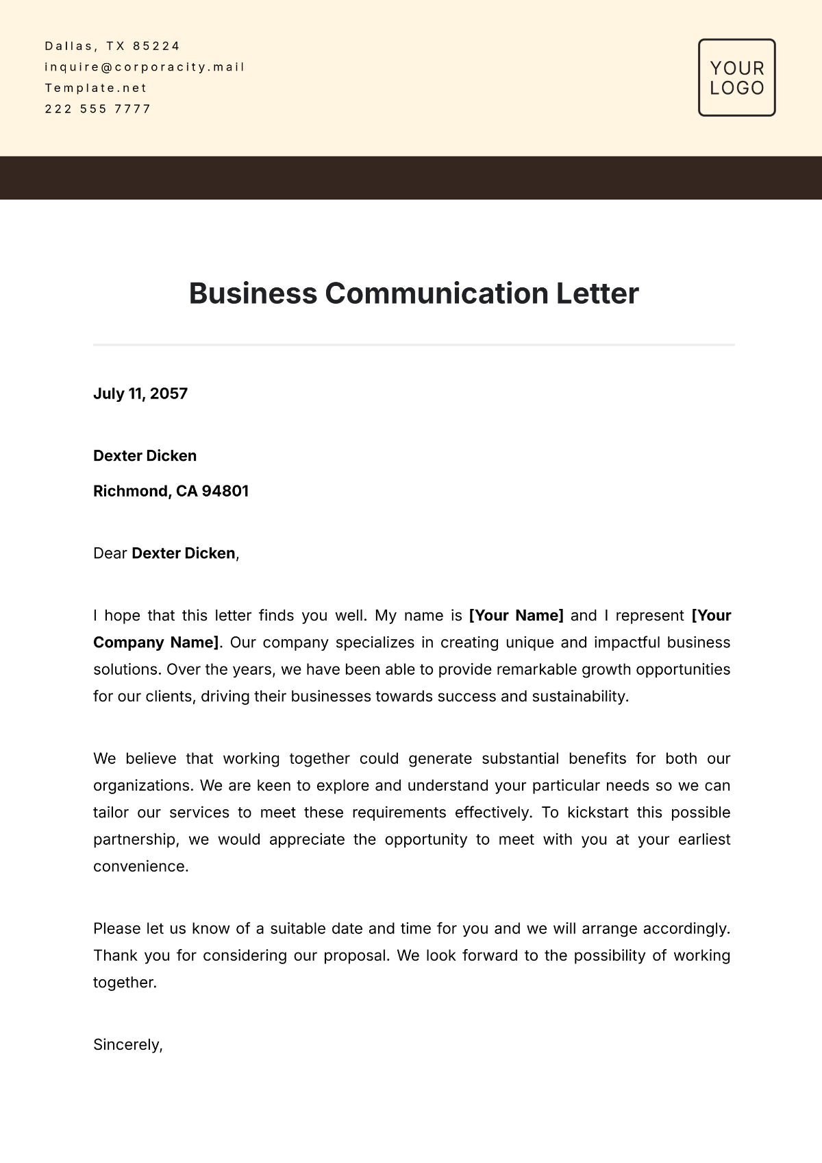 Free Business Communication Letter Template