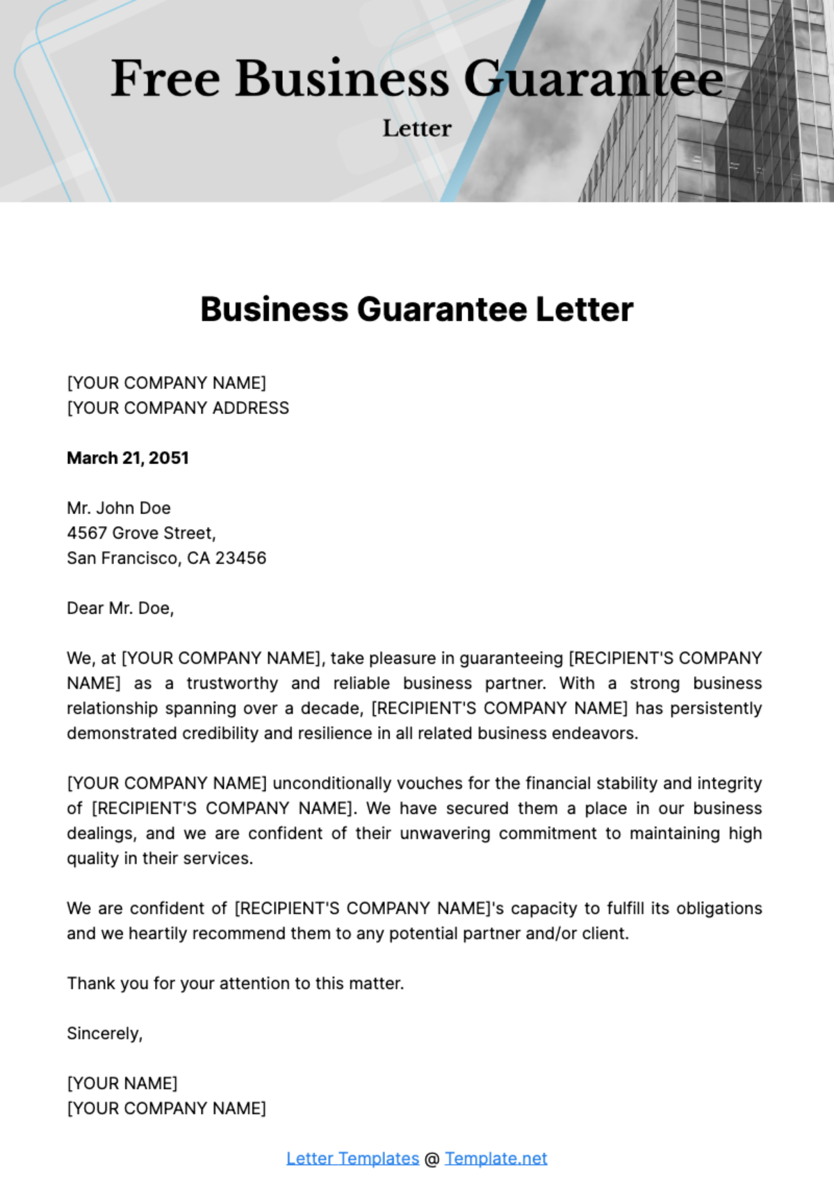 Free Business Guarantee Letter Template