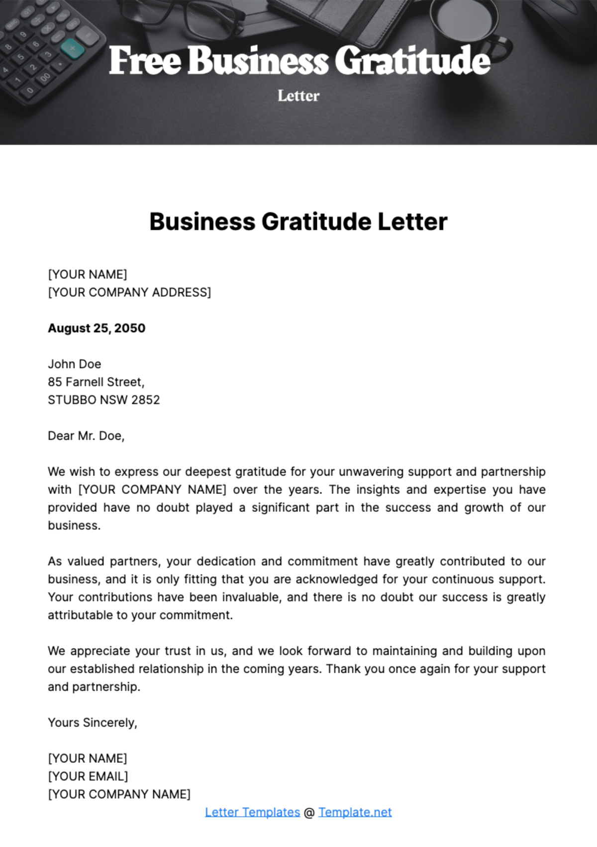 Free Business Gratitude Letter Template