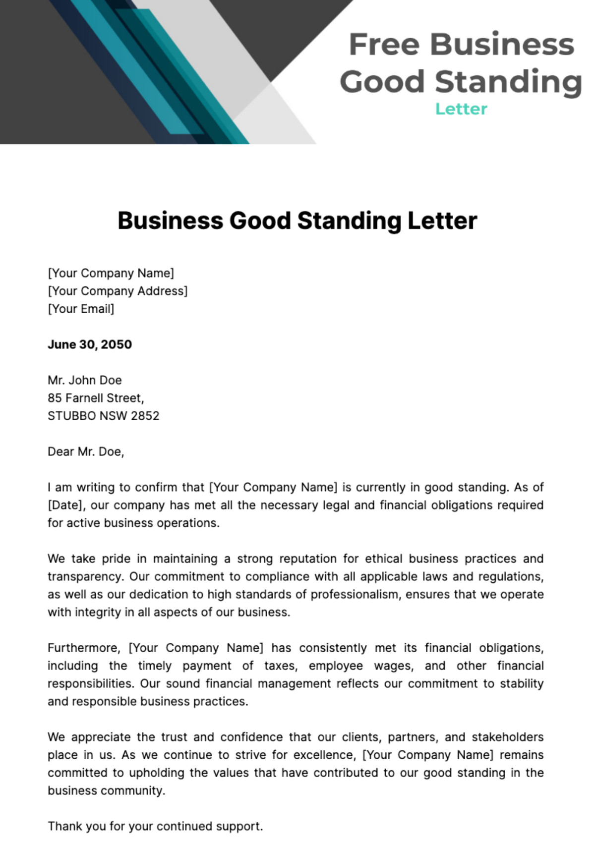 Business Good Standing Letter Template