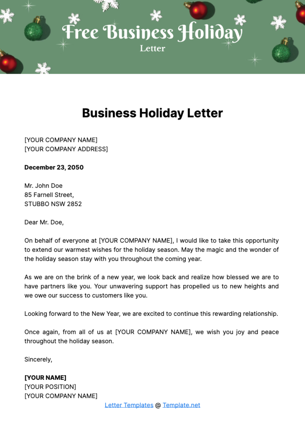 Free Business Holiday Letter Template