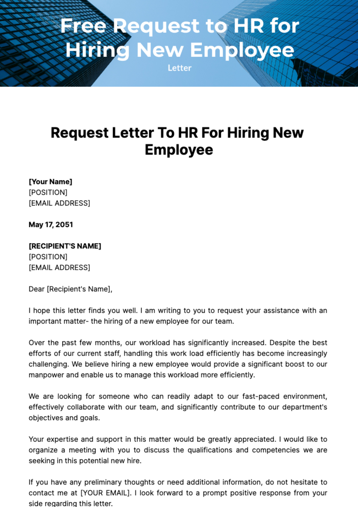 Free Request Letter to HR for Hiring New Employee Template